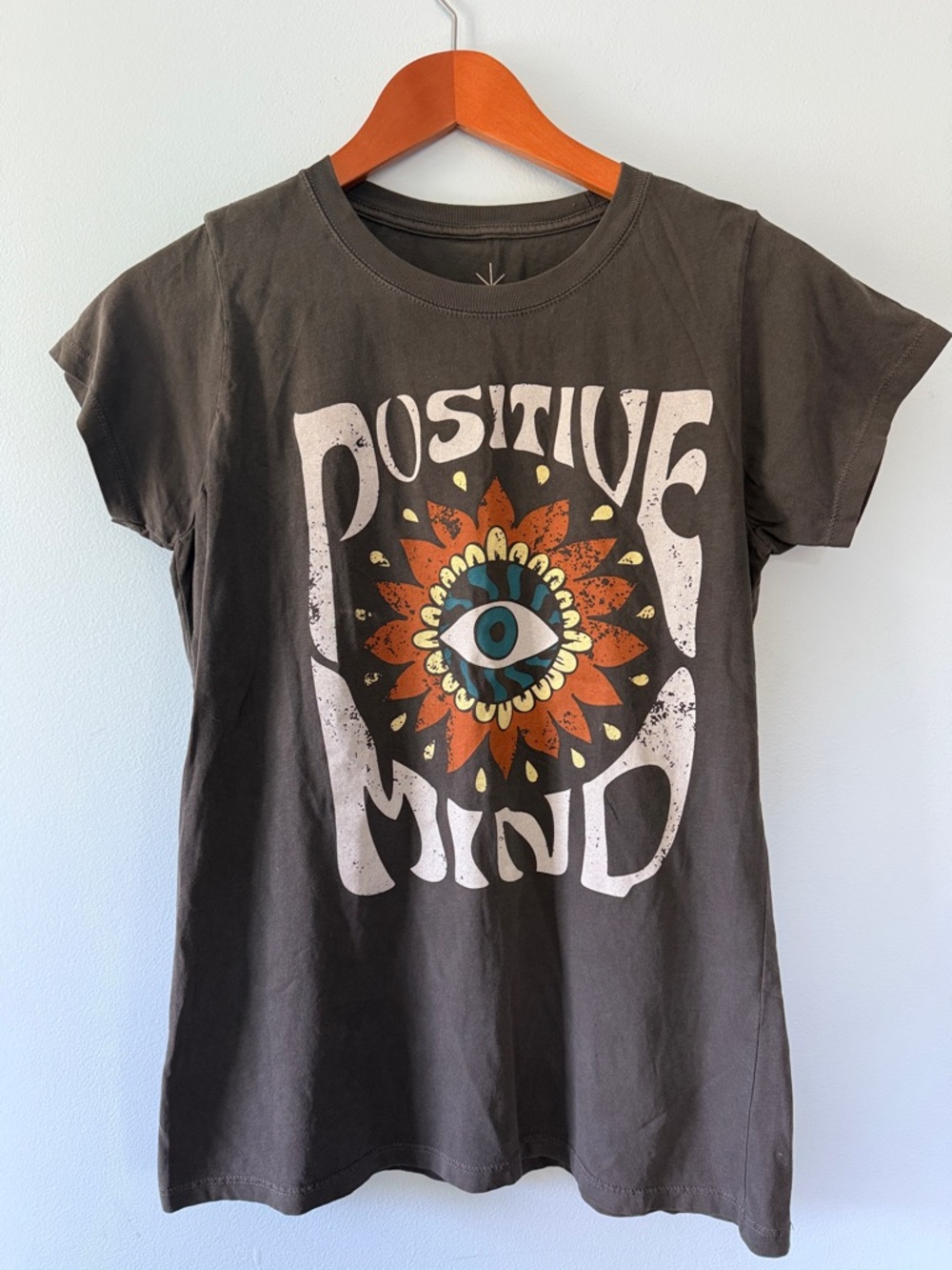 NWOT Positive Mind Graphic Tee - Charcoal with Orange & Blue Design
